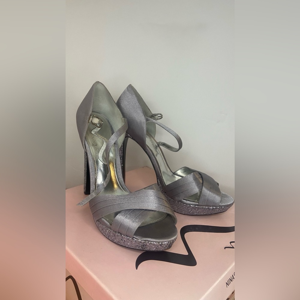 Nina Shoes | Light Pewter Satin 5” Stilettos